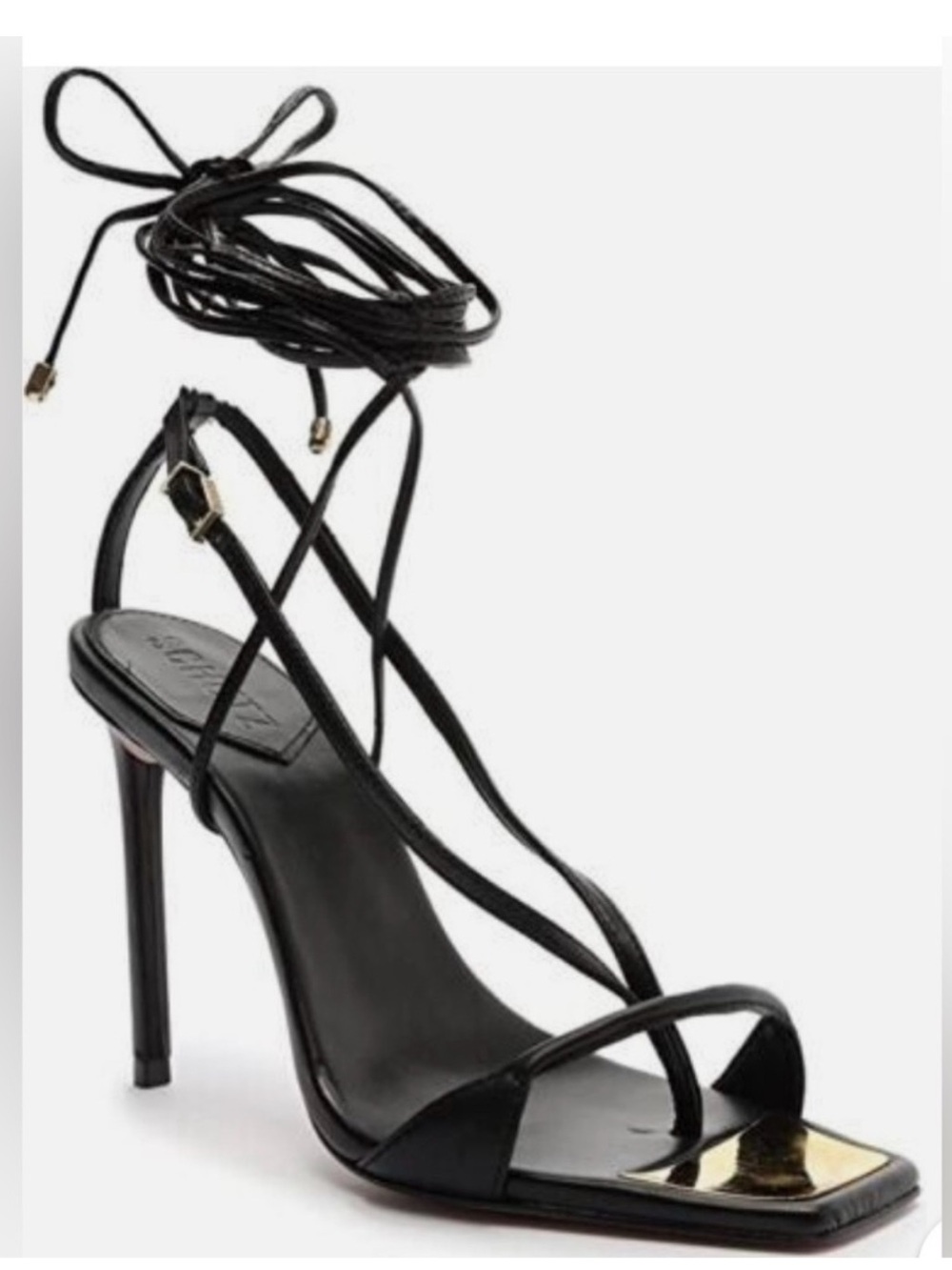 SCHUTZ Black Lace-Up Stiletto Sandals with Gold Toe Plate Accent